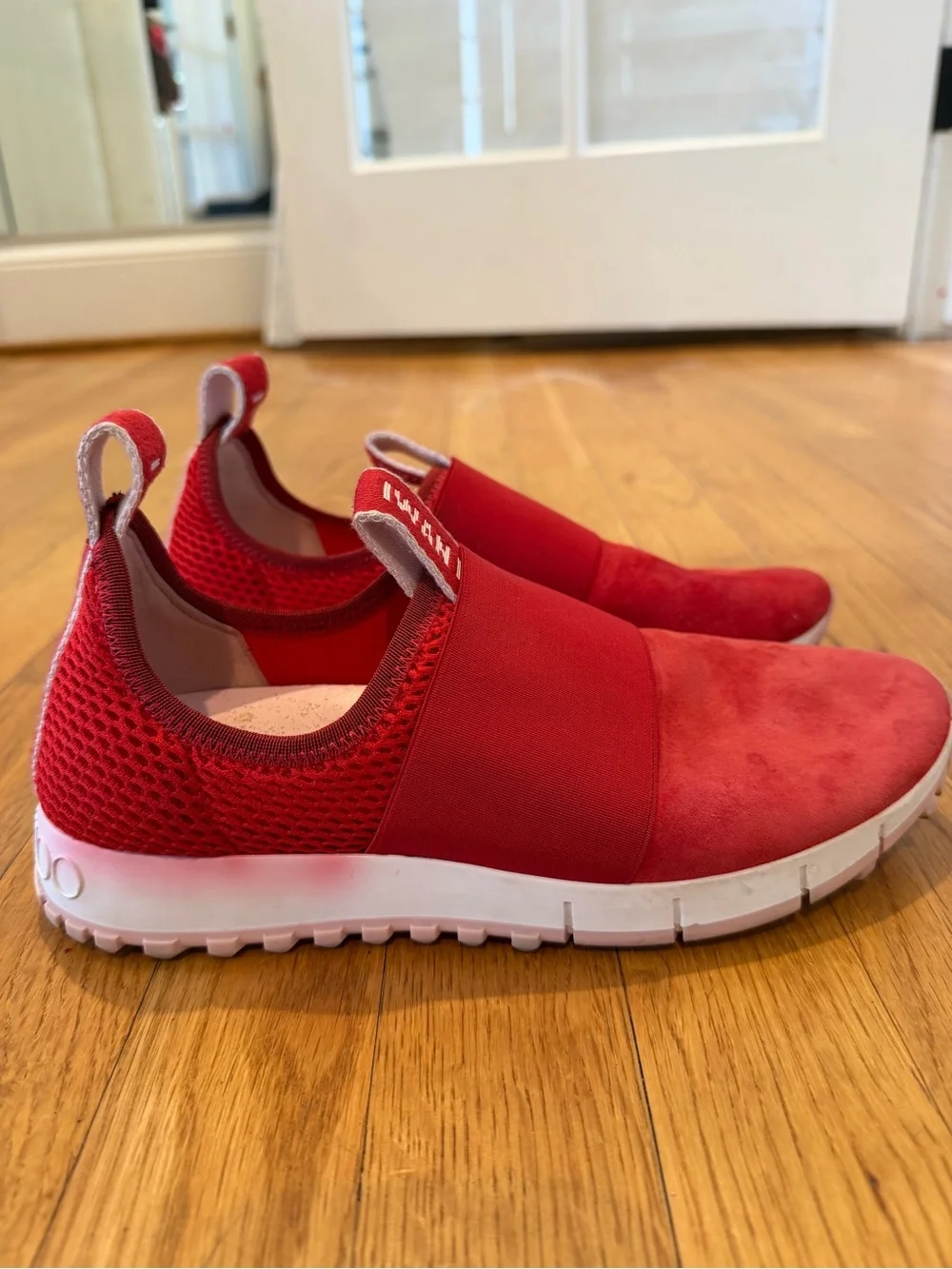 Jimmy Choo Red Mesh Slip-On Sneakers with White Logo Heel
